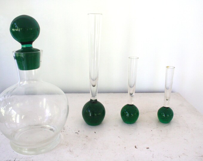 1950s Green Glass Globe Decanter and Green Glass Globe Vases Etsy