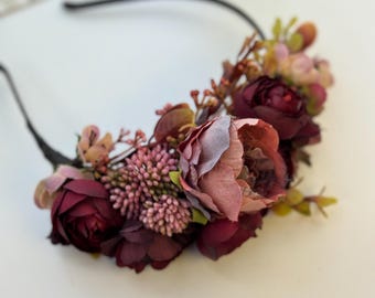Burgundy crown Floral headband Bridal hair accessories Flower wreath Wedding headpiece Wedding flowers Floral comb Bridesmaid crown