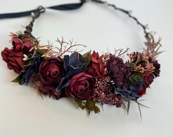 Corona de flores negras burdeos Corona de flores para novia Corona de flores Tocado de boda Flores de boda Boda de otoño Corona para el cabello Corona de dama de honor