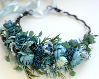 Corona floreale blu navy per matrimonio, corona di fiori da sposa, corona di fiori, copricapo da sposa, fiori da sposa, corona per capelli, corona da damigella d'onore