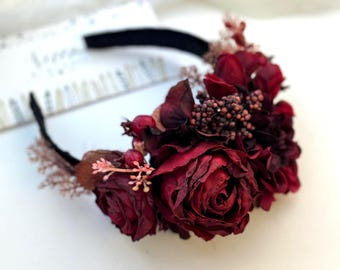 Burgundy crown Floral headband Bridal hair accessories Flower wreath Wedding headpiece Wedding flowers Floral comb Bridesmaid crown