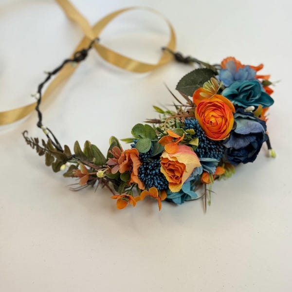 Orange dusty blue flower crown Hair comb Bridal flower crown Flower wreath Wedding headpiece Wedding flowers Hair wreath Bridesmaid crown