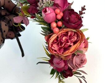 Corona de flores color rosa ruborizado burdeos Diadema de flores Corona para el cabello de boda de otoño Corona de novia Flores de boda Tocado de novia Corona de maternidad