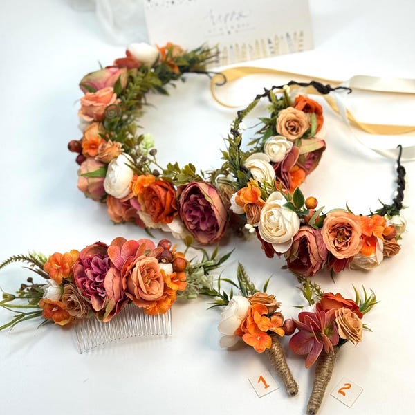 Terracotta Orange White flower crown Hair comb Bridal flower crown Flower wreath Pocket boutonnieres Wedding flowers Bridesmaid crown