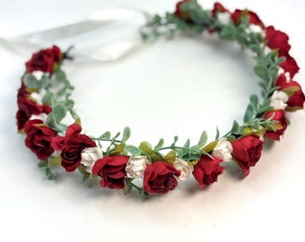 Roses Red White flower crown Wedding flower crown Floral crown Bridal flower crown Flower wreath Wedding headpiece Wedding flowers
