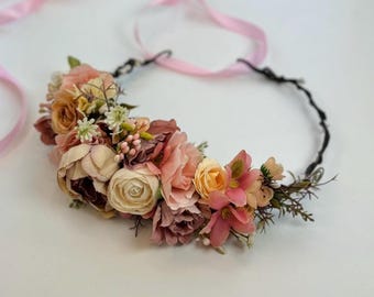 Blush roze perzik bloemenkroon Bruids bloemenkroon Bloemenkrans bruiloft hoofddeksel bruiloft bloemen herfst bruiloft Haarkrans bruidsmeisje kroon