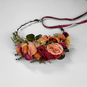 Peach Orange Red flower crown Bridal flower crown Flower wreath Wedding headpiece Wedding flowers Fall wedding Hair wreath Bridesmaid crown