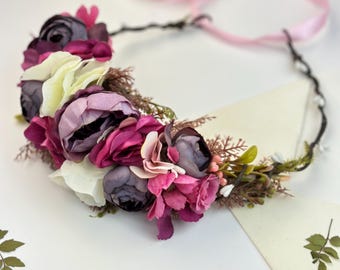 Mauve blush roze ivoor bloemenkroon Bruidskroon Bloemenkrans bruiloft hoofddeksel bruiloft bloemen herfst bruiloft Haarkrans bruidsmeisje kroon