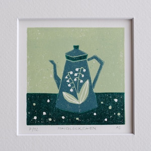 Limited linocut reduction print &quot;Lily of the Valley&quot; with passepartout