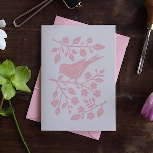 Linoldruck Klapp-Grußkarte "Vogel in Kirschblüte"