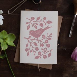 Linoldruck Klapp-Grußkarte "Vogel in Kirschblüte"