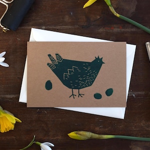 Linoldruck Grußkarte "Huhn" dunkelgrün