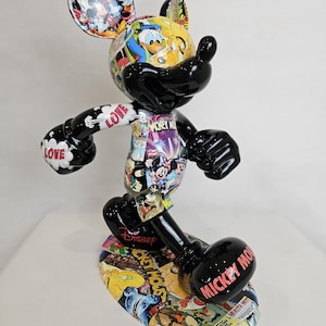 ArtBrutbyAnn - Mickey Mouse Pop Art Comic Collage Statue / Gloss Black Figurine Disney Street Art / Collectible Modern Decor limited edition image 1