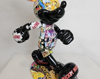 ArtBrutbyAnn - Mickey Mouse Pop Art Comic Collage Statue / Gloss Black Figurine Disney Street Art / Collectible Modern Decor limited edition
