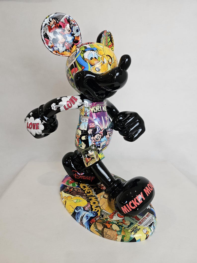 ArtBrutbyAnn - Mickey Mouse Pop Art Comic Collage Statue / Gloss Black Figurine Disney Street Art / Collectible Modern Decor limited edition image 1
