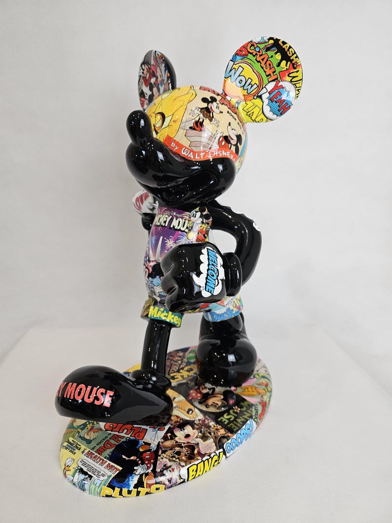 ArtBrutbyAnn - Mickey Mouse Pop Art Comic Collage Statue / Gloss Black Figurine Disney Street Art / Collectible Modern Decor limited edition image 4