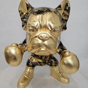 ArtBrut By Ann - Luxury Gold French Bulldog Boxer Statue Pop Art Figurine / Frenchie Money Art Decor / Glam Home Gift