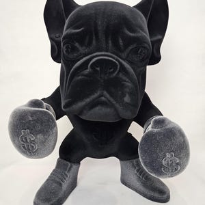 ArtBrut By Ann - Black Flocked French Bulldog Boxer Statue / Velvet Finish Dollar Art / Monochromatic Luxury Decor