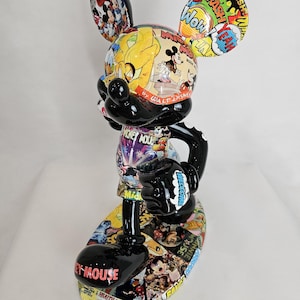 ArtBrutbyAnn - Mickey Mouse Pop Art Comic Collage Statue / Gloss Black Figurine Disney Street Art / Collectible Modern Decor limited edition image 2