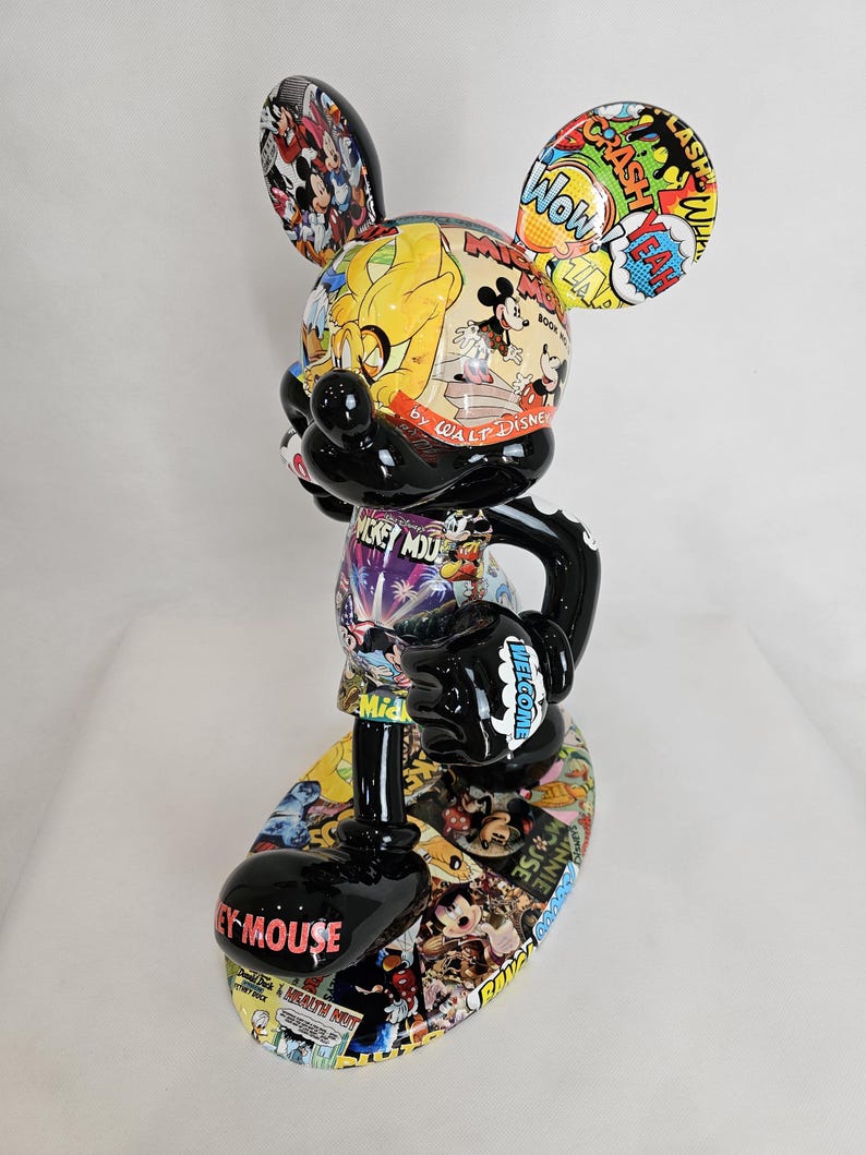 ArtBrutbyAnn - Mickey Mouse Pop Art Comic Collage Statue / Gloss Black Figurine Disney Street Art / Collectible Modern Decor limited edition image 2