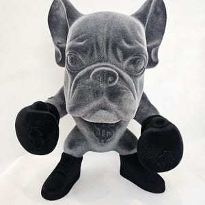 ArtBrut By Ann - Flocked French Bulldog Boxer Statue / Soft Velvet Gray Frenchie Figurine / Luxury Dollar Sign Decor