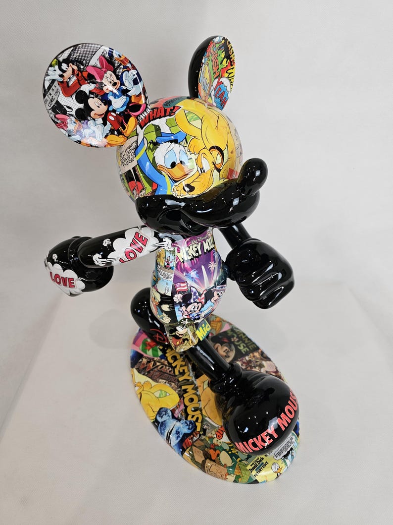 ArtBrutbyAnn - Mickey Mouse Pop Art Comic Collage Statue / Gloss Black Figurine Disney Street Art / Collectible Modern Decor limited edition image 3