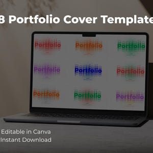 Pode incluir: Uma tela de laptop exibindo uma grade de 28 modelos de capa de portfólio com a palavra Portfolio em várias cores e efeitos desfocados. O texto 28 Portfolio Cover Templates, Editable in Canva, Instant Download está visível.