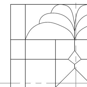 May include: A black and white line drawing of a geometric pattern with a series of curved lines forming a fan shape.