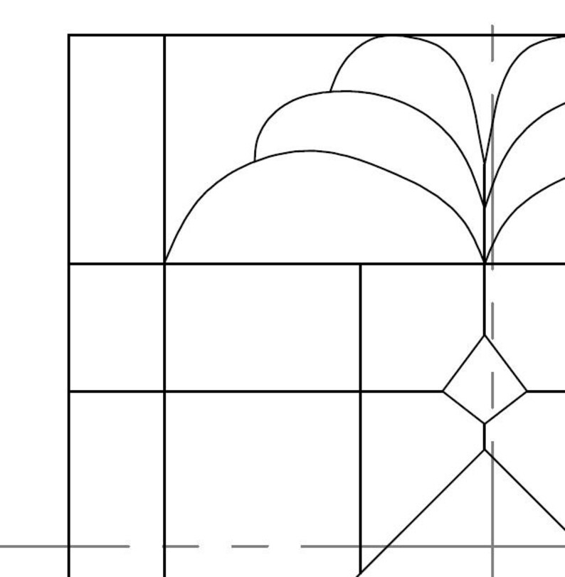 May include: A black and white line drawing of a geometric pattern with a series of curved lines forming a fan shape.