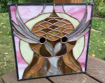 12" X 12" Stained Glass "Wings-Owl" Square Pattern PDF B&W Digital Download