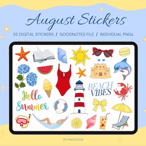 August digital stickers, August stickers, Summer digital stickers, Beach stickers, Digital stickers, Stickers for planner, PNG stickers