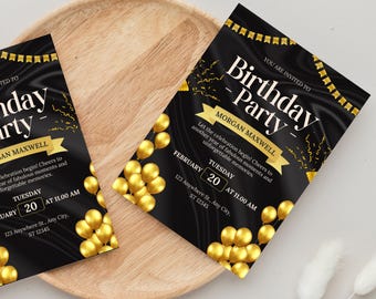Schwarz Gold Geburtstagseinladung, bearbeitbare Party einladen Vorlage, eleganter Erwachsener Geburtstag Sofortiger Download, digital druckbare,