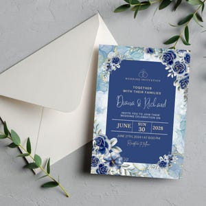 Blue Floral Wedding Invitation Template, Elegant Navy Gold Invite, Editable Digital Download, Printable Wedding Card, Invitation Cad