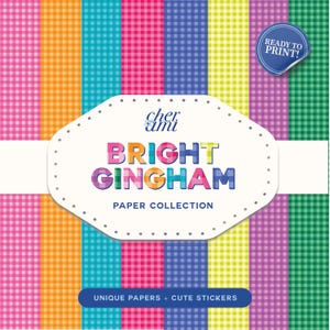 Puede incluir: Una colección de papeles estampados con cuadros de vichy en rosa, naranja, turquesa, fucsia, azul, amarillo, morado y verde. Las palabras "BRIGHT GINGHAM PAPER COLLECTION" se muestran en una etiqueta blanca. Incluye "UNIQUE PAPERS + CUTE STICKERS".