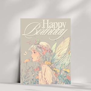 carte de fée d'anniversaire | Grande carte A5 | Fée de la forêt pastel | Art féerique