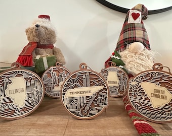 50 State Christmas Ornaments – Laser Cut Wooden State Ornament – Personalized USA Ornament – State Pride Gift–Handmade Rustic Holiday Decor