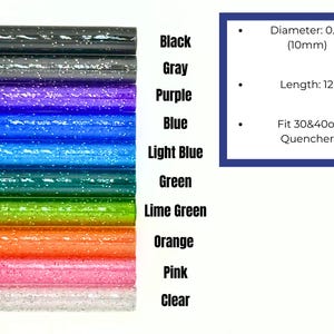 May include: A collection of colorful, glitter-infused straws in various shades, including black, gray, purple, blue, light blue, green, lime green, orange, pink, and clear. Each straw is 12 inches long and 0.39 inches in diameter, designed to fit 30 & 40 oz Quencher tumblers.