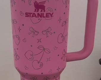 Engraved 40oz Stanley Quencher, Coquette Bows Design, Cute Cherry Heart, Custom, Personalized, Gift, Stanley, Tumble, Trendy, Cute, Unique.