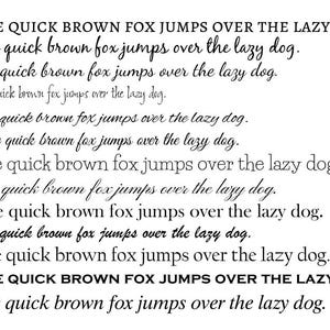 Puede incluir: Sobre un fondo blanco, la frase "The quick brown fox jumps over the lazy dog" se presenta en 13 fuentes diferentes. El texto var&iacute;a de negrita a cursiva, con las l&iacute;neas 1 y 12 en negrita.