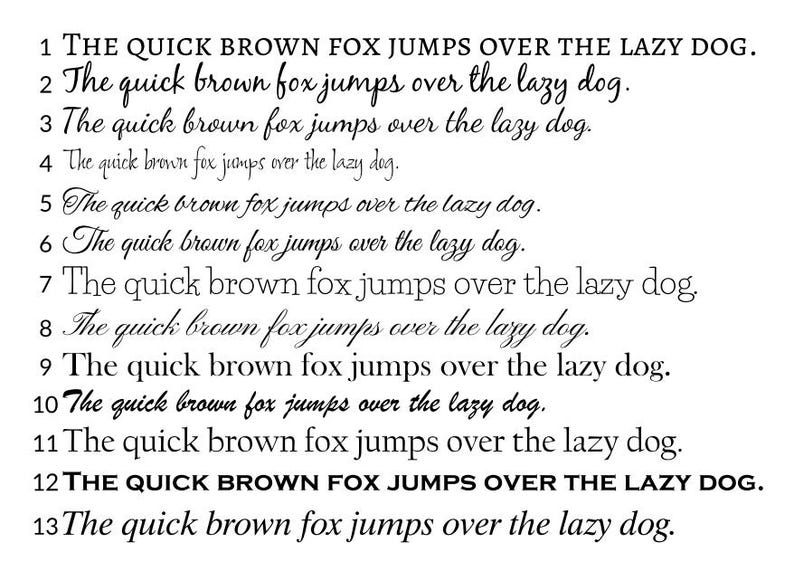 Puede incluir: Sobre un fondo blanco, la frase "The quick brown fox jumps over the lazy dog" se presenta en 13 fuentes diferentes. El texto var&iacute;a de negrita a cursiva, con las l&iacute;neas 1 y 12 en negrita.