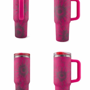 Puede incluir: Cuatro vasos aislados rosas con un dise&ntilde;o de girasol. Cada vaso tiene un asa y una tapa roja. Los vasos est&aacute;n dise&ntilde;ados para bebidas fr&iacute;as o calientes. Los vasos miden aproximadamente 23 cm de alto.