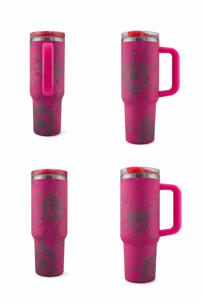 Puede incluir: Cuatro vasos aislados rosas con un dise&ntilde;o de girasol. Cada vaso tiene un asa y una tapa roja. Los vasos est&aacute;n dise&ntilde;ados para bebidas fr&iacute;as o calientes. Los vasos miden aproximadamente 23 cm de alto.