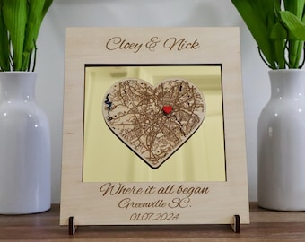 Custom Heart Map Wooden Art, Personalized Location Keepsake with Acrylic Backing