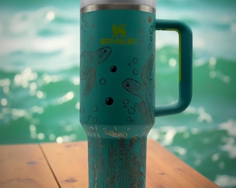 Engraved Sea Turtle Tumbler, Ocean Life Stainless Steel 40oz Quencher 2.0