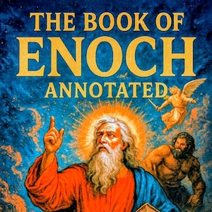 May include: Book cover for "The Book of Enoch Annotated" by Jim Gerhardt. The image features a bearded man in red and blue robes, holding a book and pointing upwards. An angel and another man are in the background. The title is in gold lettering.