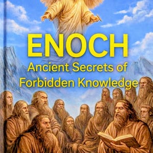 Peut inclure: Couverture du livre "ENOCH" de Jim Gerhardt, sous-titré "Ancient Secrets of Forbidden Knowledge". L'image montre une figure ailée au-dessus et un groupe d'hommes barbus en dessous, sur fond de ciel bleu.