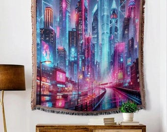 Futuristic Cityscape Tapestry Woven Blanket Modern Wall Art