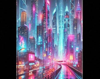 Futuristische CityScape canvasafdruk met montagebeugels, canvas muurkunst Home decor kantoorinrichting moderne kunst