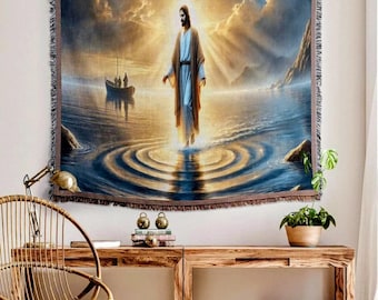 Jesus Walks on Water Woven Blanket Tapestry, Religious Wall Art Home Decor