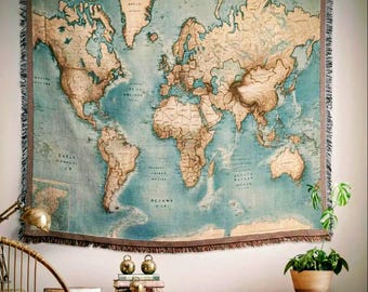 Vintage World Map Tapestry Woven Blanket, Soft Cotton Poly Blend